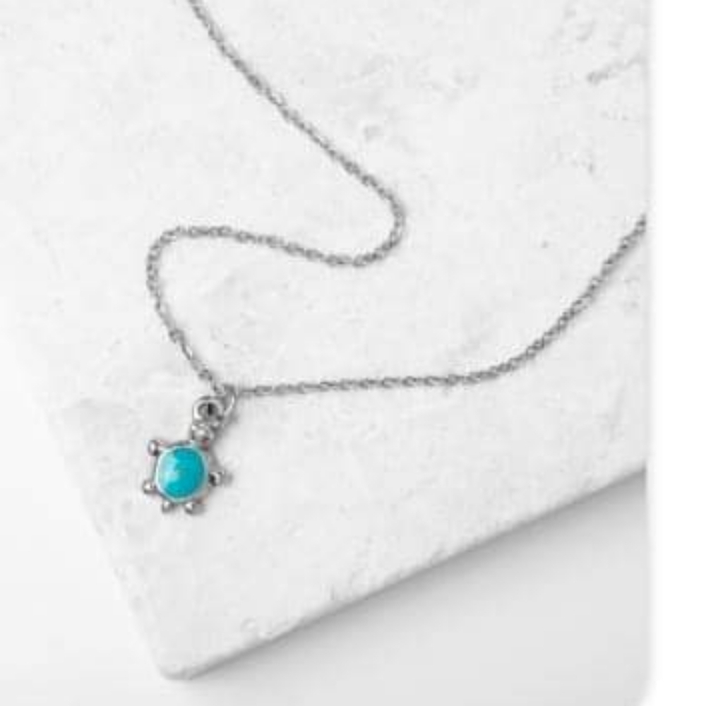 Plunder 'Turtle' necklace. Silver chain with silver turtle with turquoise stone.
